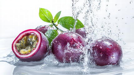 Fresh passion fruits are splashing in water, showcasing their vibrant purple skin and juicy interior. scene captures essence of freshness and vitality, perfect for food lovers