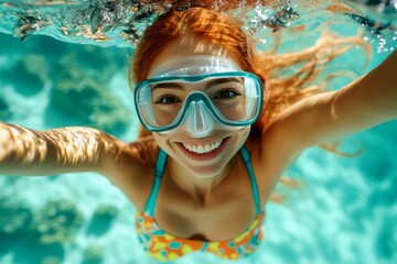 Naklejka premium A pretty and sexy happy middle eastern young woman with red hair in a swimming mask and fins snorkeling among the corals. Beautiful beach holiday. A dense school of silver fish swims next to he.