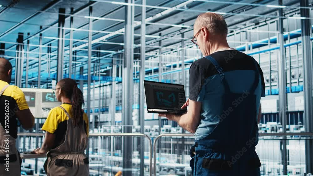 Poster smart factory expert using laptop software to test automated systems and ensure reliability. worker 