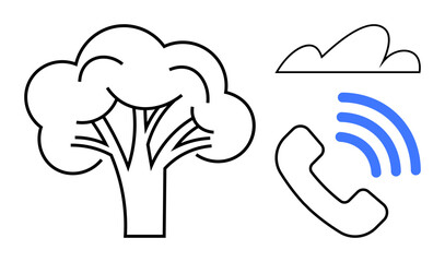 Black tree, small cloud, and phone receiver with blue signal waves. Ideal for technology, environment, sustainability, eco-friendly communication, cloud services, nature tech solutions flat simple