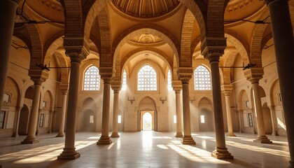 Sunlit Grandeur: Interior of a Golden-Hued Mosque, Architectural Columns and Arches