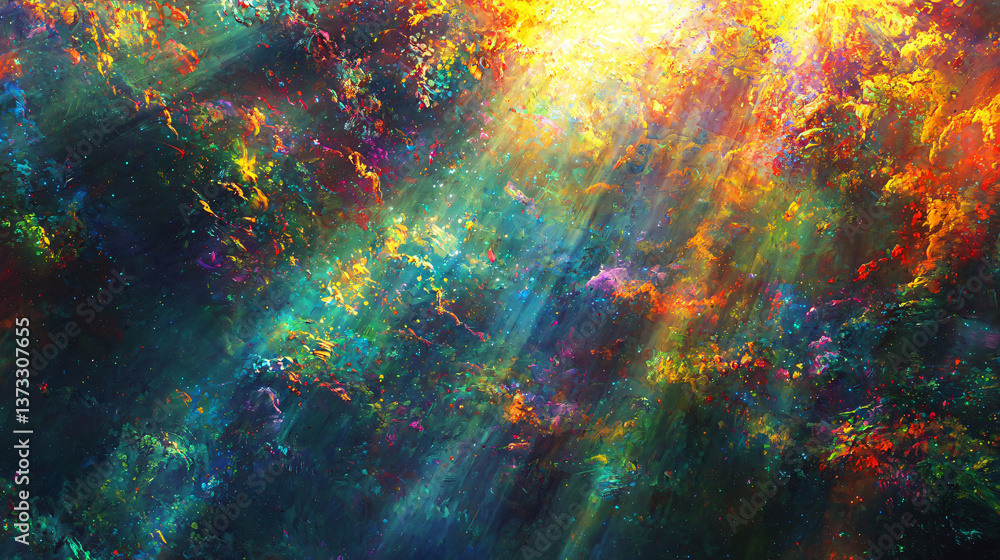 Poster radiant sunlight breaking through a layer of clouds creating a dreamlike and surreal atmosphere with