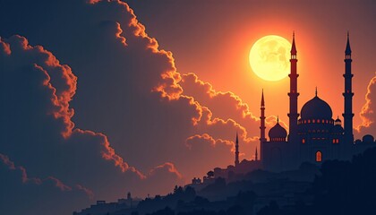 Silhouette Mosque at Sunset with Dramatic Cloudscape and Full Moon