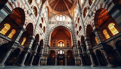 Striking Interior:  Moorish Revival Cathedral Architecture, Warm Light, Detailed Arches