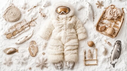 Cream Colored Snowsuit and Winter Accessories Flatlay on Snowy Background