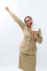 Happy asian civil servant woman shouting at megaphone, making announcement, advertising something,...