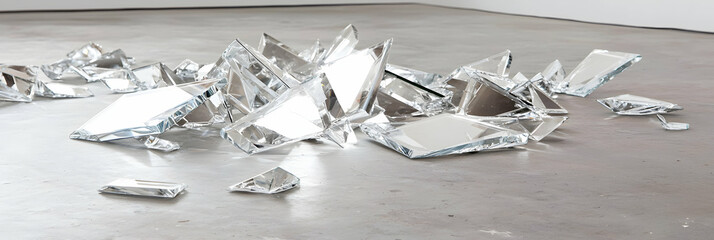 Shattered Silver Glass Pieces on a Grey Floor