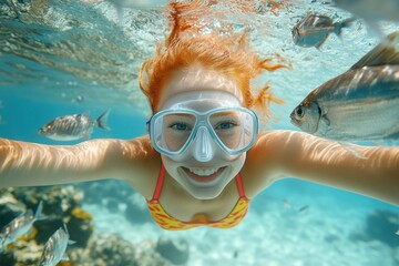 Fototapeta premium A attractive and sexy happy caucasian young woman with red hair in a swimming mask and fins snorkeling among the corals. Bright commercial style image. Ultimate summer relaxation.