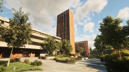 Hyper real brutalist design semi-futuristic city scape skyline Unreal engine render style