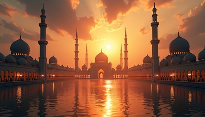 Majestic Mosque at Sunset: Golden Reflection, Arabian Architecture