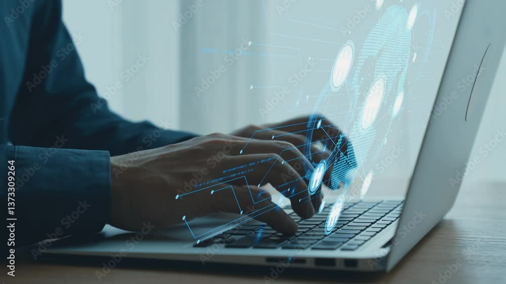Poster hands typing on a laptop with digital data overlay representing technology, innovation, and communic