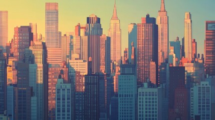 Fototapeta premium New York Skyscrapers in an animated style, 2D, Cityscape, Skyscraper level, light motion blur, golden hour, cinematic side lighting, v6 
