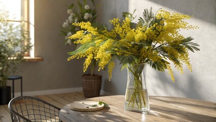 A beautiful bouquet of mimosa flowers in an elegant vase sits on a table, displaying a vibrant yellow color scheme and shadows
