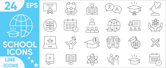 School icon set.school, education, learning, students, teacher, book, graduation cap, tutorial,  training, laptop, tools, success and more.Vector and illustrator set.
