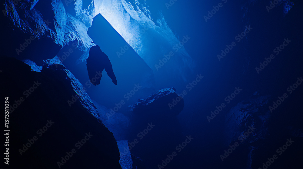Poster mysterious cave illuminated by ethereal light with surreal rock formations creating a dreamlike atmo