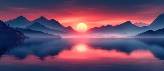 Majestic Sunset Over Misty Mountains Reflecting on Calm Lake