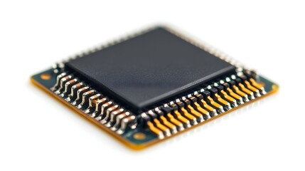 A close-up shot reveals intricate details of a modern microchip circuit board isolated on a stark white background perfect for technological designs.