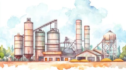 Obraz premium A watercolor illustration of a large industrial facility featuring silos, towers, and machinery surrounded by greenery.