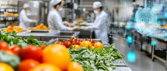 Scientists designing AI powered real time food safety monitoring, high-tech food processing plant with real-time temperature and contamination data, High-tech style
