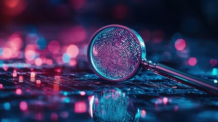 A vibrant, futuristic depiction of a magnifying glass revealing a fingerprint against a backdrop of colorful digital patterns and reflections.