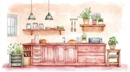 A cozy kitchen scene featuring wooden cabinets, shelves with potted plants, and rustic decor, creating a warm and inviting atmosphere.