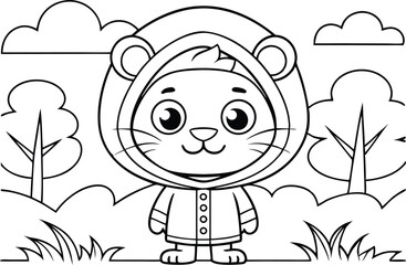 Line Art Cute Lion Character in Hooded Coat with Forest Background for Coloring Page