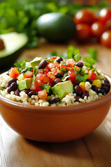 Healthy cauliflower rice burrito bowl with black beans, avocado, and fresh salsa in an earthy ceramic dish  
