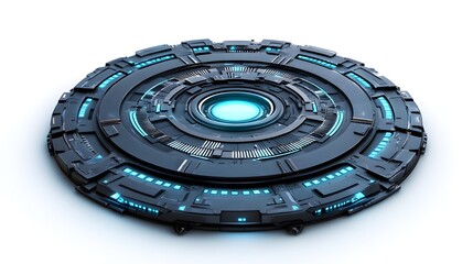 Futuristic dark grey circular spaceship with glowing blue lights and intricate technological details isolated on white background.