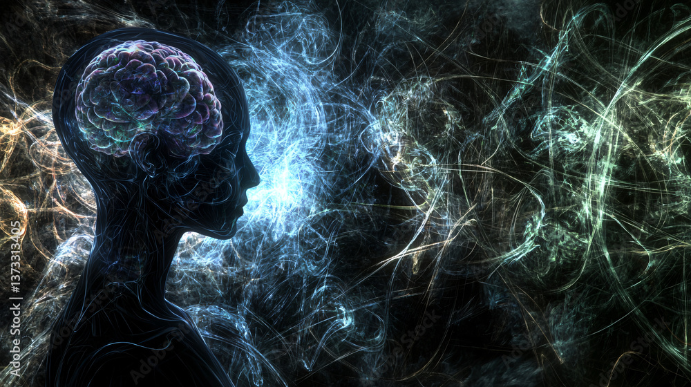 Poster a surreal portrait of a person with a brain in their head evoking dreamlike concepts of consciousnes
