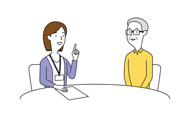 女性の相談員にアドバイスを聞く高齢の男性