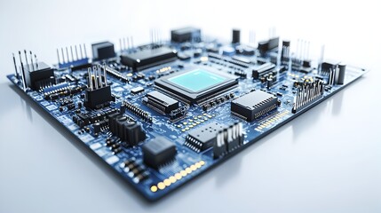 Fototapeta premium A detailed close-up shot reveals a complex computer motherboard with integrated circuit chips and various electronic components.