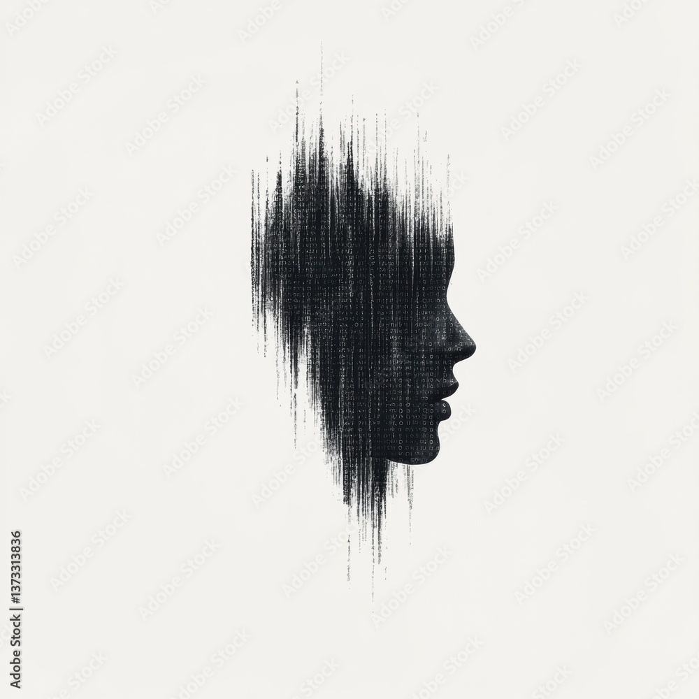 Poster a stylized silhouette of a face, with a textured design that appears to dissolve or fragment, creati