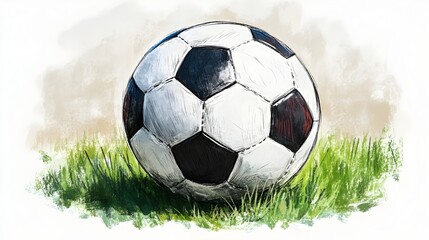 Obraz premium A classic black and white soccer ball rests on a lush green grass field; a hand-drawn illustration.