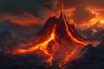 Volcano erupted, with glow orange, red lava flowing hot down from the mountain and black smoke billowing throughout area. Abstract Texture Background. Smoke billowed into the sky.