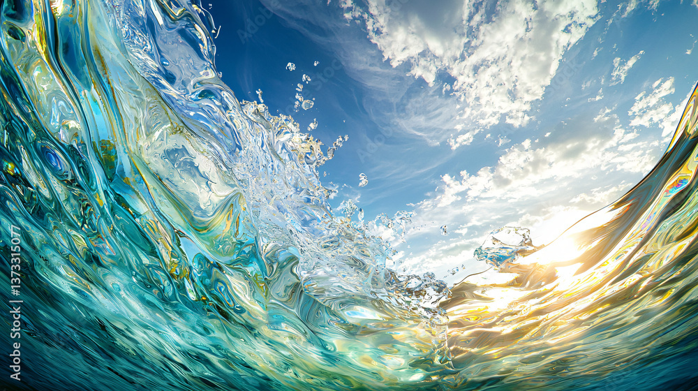 Poster surreal wave in the ocean captured with a dreamlike quality featuring stained-glass effects and a di