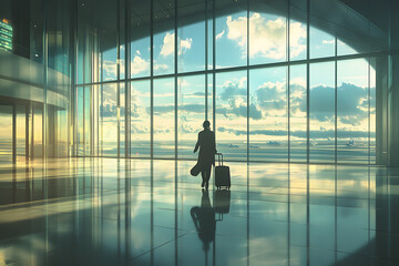 Tourist pulling suitcase through airport. Through large glass windows bathed in warm orange glow of evening sunlight. Captures serene atmosphere of travel during sunset and dreamy cinematic ambiance.