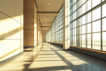 Glass clear interior of airport show concept of travel. Places to travel transport around world. Bright sunlight in morning through large glass window. With reflections on polished floor. 