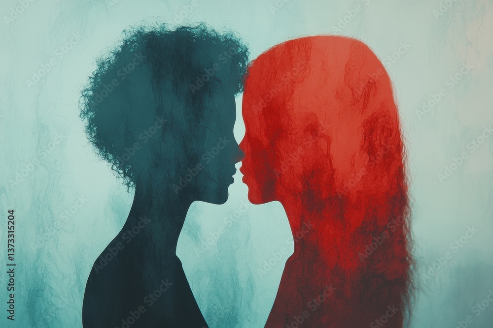 Poster two silhouetted faces merge in an artistic display, conveying connection and emotion through contras