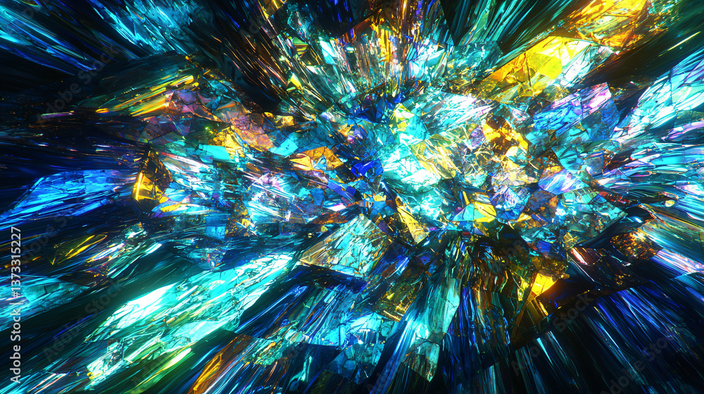 Poster colorful explosion of light in a surreal dreamlike scene with stained-glass effects and a diffused g