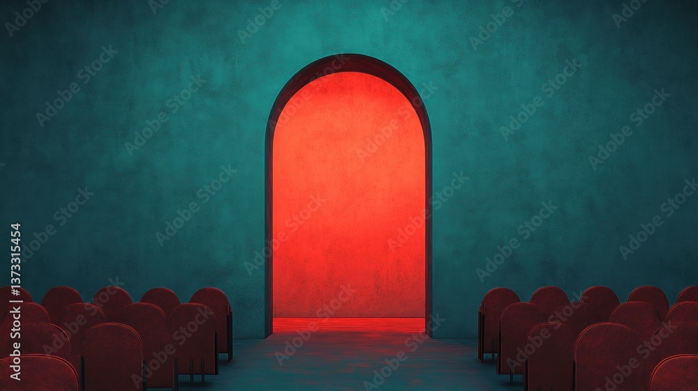 Poster a minimalistic scene featuring a red archway on a teal background, with empty red chairs lined up in