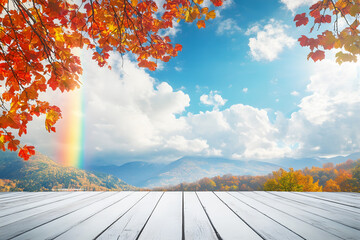 Landscape white wooden tabletop or platform empty set against stunning background. Perfect for showcasing products. Rainbow and mountain cover changing leaves soft white clouds bright sunny skies.