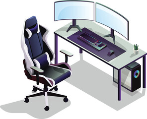 Isometric gaming desk setup with dual monitors and gaming chair © kabutlazuardi