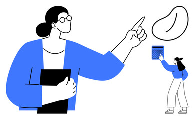 Woman pointing at abstract shape while holding a folder student with calculator taking notes. Ideal for education, teaching concepts, presentations, leadership, mentoring, learning, visual