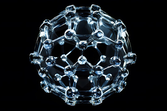 Futuristic 3d of spherical molecular structure representing biotechnology on black background. Scientific technology innovation and advanced nanotechnology concepts