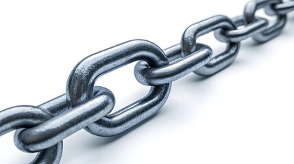 Fototapeta premium A close-up shot reveals a strong metallic chain with interconnected links against a pristine white background illustrating strength and unity.