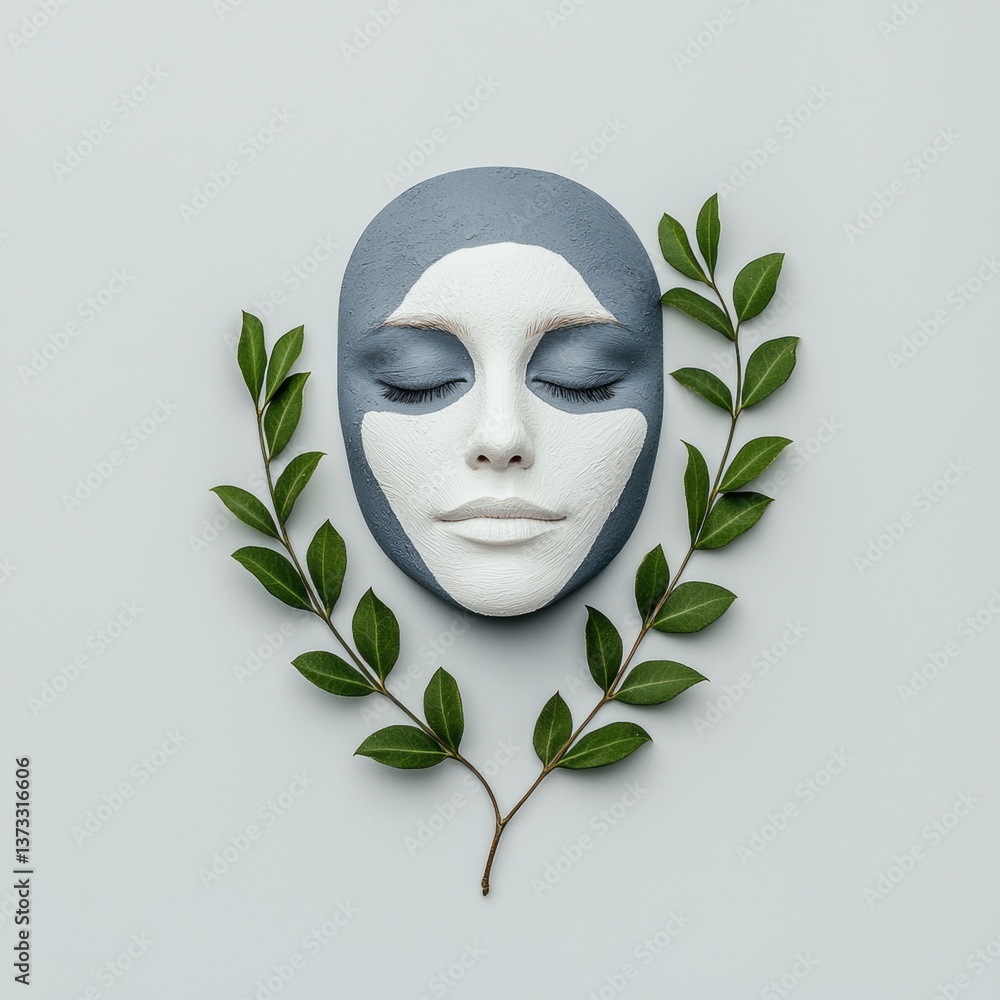 Poster a stylized mask with a serene expression is framed by green leaves, creating a harmonious blend of a