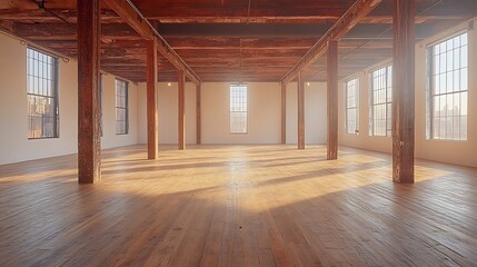 Modern Empty Loft Interior with High Ceilings and Exposed Beams