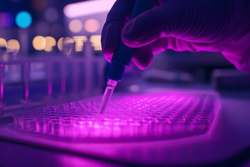 Scientist using multichannel pipette for high-throughput research in modern laboratory setting. Multi pipette in genetic laboratory. Genetic Engineering Technology DNA. Science Lab.