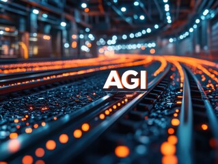 A train track with orange lights and the word AGI on it