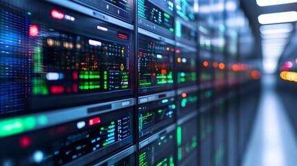 A modern data center displays rows of illuminated server racks with complex digital information processing and glowing screens.